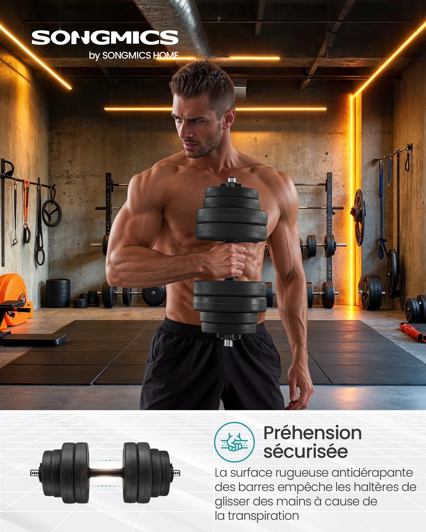 2-in-1 Weight Training Dumbbell Set, 2 x 15 kg, Adjustable Weight, with Additional Steel Extension Bar, Ink Black