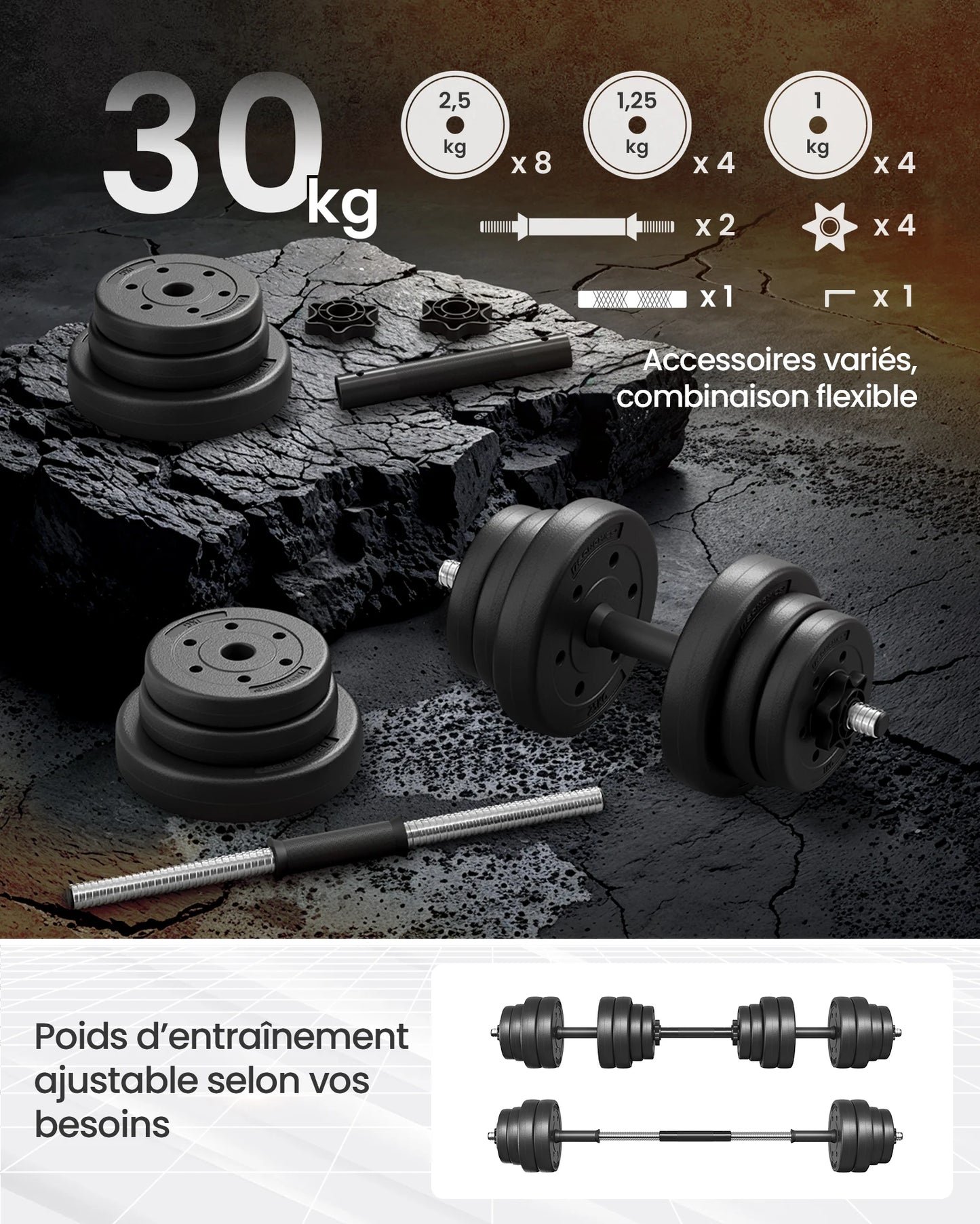 2-in-1 Weight Training Dumbbell Set, 2 x 15 kg, Adjustable Weight, with Additional Steel Extension Bar, Ink Black