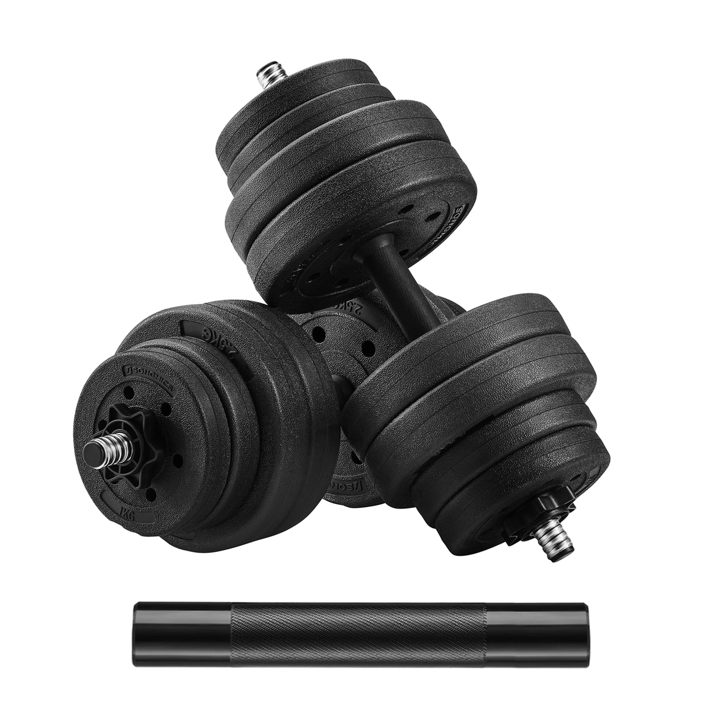2-in-1 Weight Training Dumbbell Set, 2 x 15 kg, Adjustable Weight, with Additional Steel Extension Bar, Ink Black
