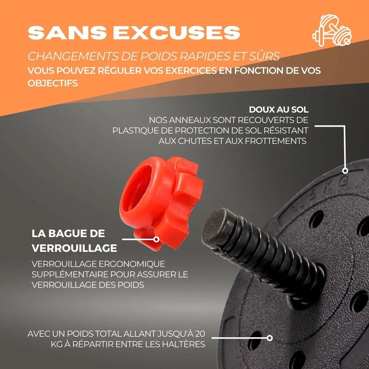 Dig Together, Adjustable dumbbells 20 kg, 2in1 Men's and Women's Danger BodyBuilding Kit, Black Red/Black